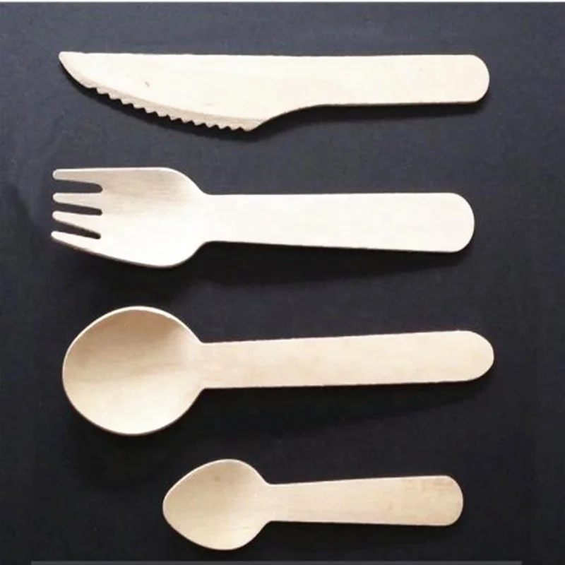 Disposable Wooden Tableware 14 cm 16 cm Fork Knife and Wooden Spoon