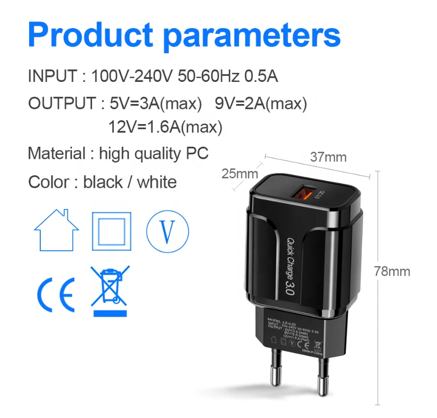 3A Quick Charge 3.0 USB Charger EU Wall Mobile Phone Charger Adapter for iPhone X MAX 7 8 QC3.0 Fast Charging