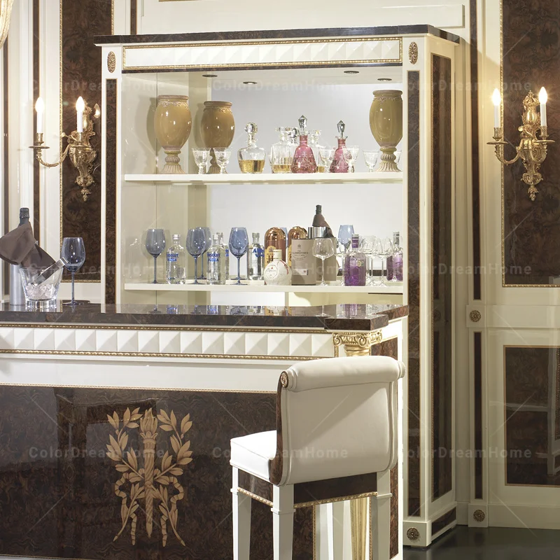 antique luxury baroque mini home bar table counter set wine cabinet bar chair set