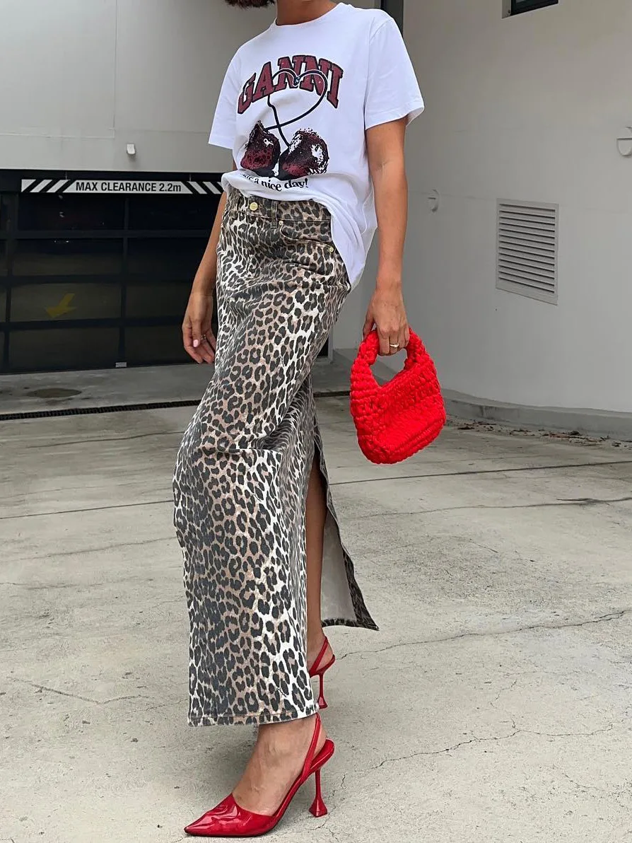 RedPeony Summer Office Split Skirt Cotton Female 2024 Street Chic High Waist Long Skirt Vintage Leopard Print Straight Skirts