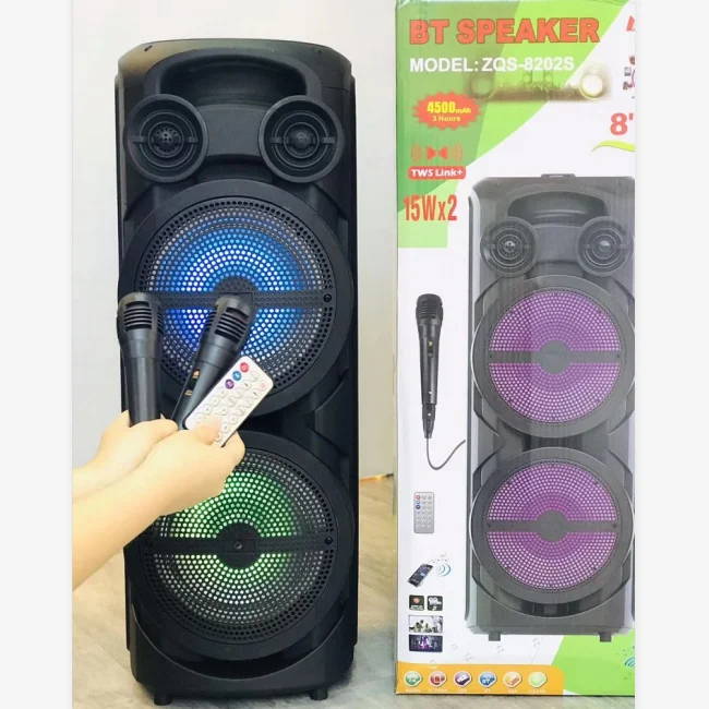 Double 8inch Speaker BT LED Light Speaker With Remote Control and Microphone ZQS-8202S Wireless Speaker