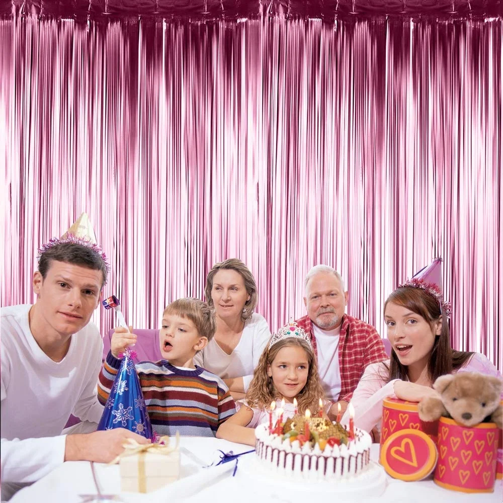 2 Packs Matt Pink Foil Curtains Metallic Tinsel Backdrop Door Fringe Curtains Photo Booth Backdrops for Wedding Birthday