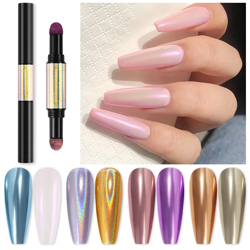 Hot Selling Double-colored Chrome Nail Powder Solid Pigment Pen Laser Flashing Aurora Mirror Powder Pen