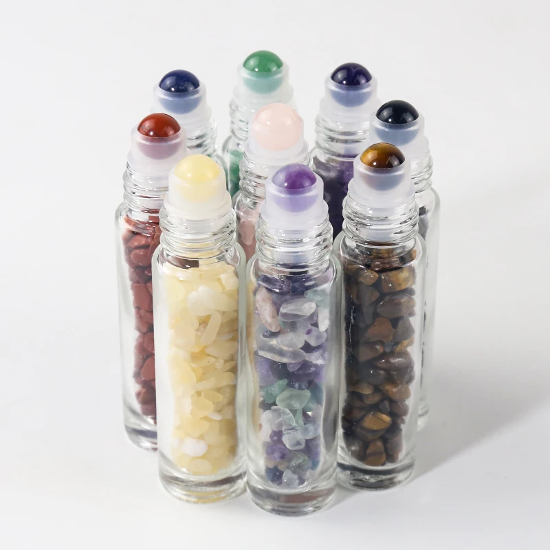 Clear Glass Roller Bottles 10ml Gemstone Essential Oil Roller Bottles with Silver Aluminum Cap and Crystal Stone Roller Balls