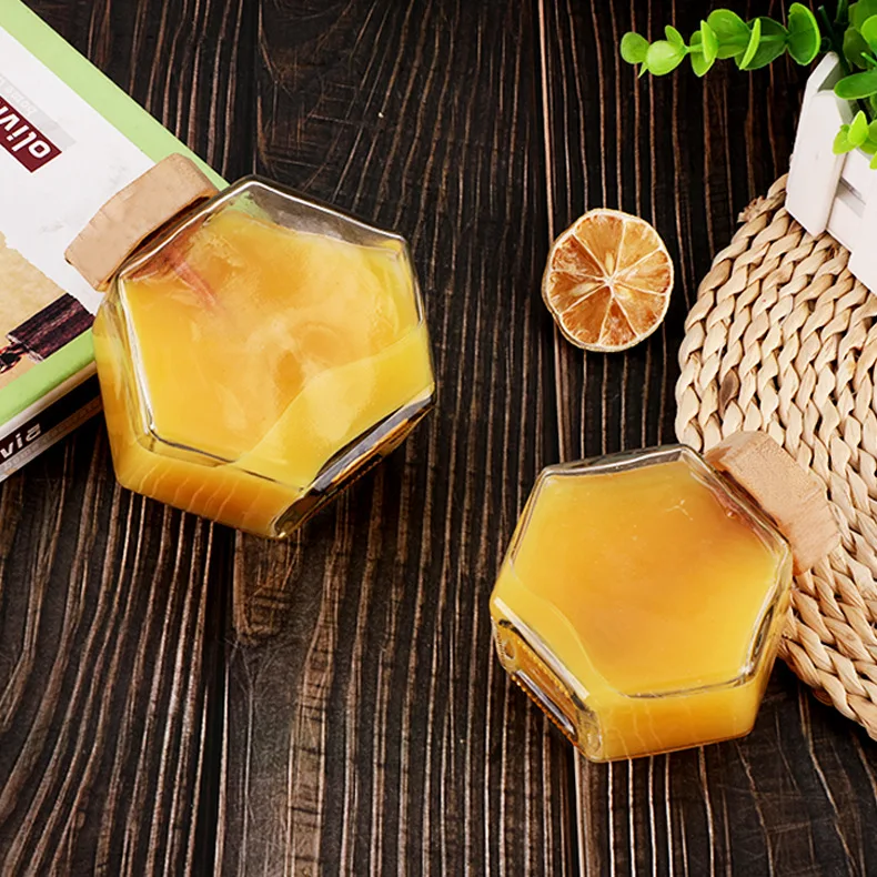 hot sale250ml 380ml Honey limentos Nogales Mermeladas Miel Para Frasco De Vidrio Con Tapas Hexagon Honey Jars