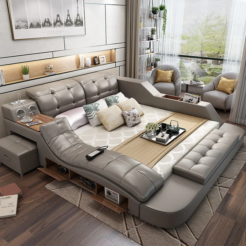 
Guangdong furniture modern massage bed wireless audio speaker king size pillow leather multifunctional bed With stool 