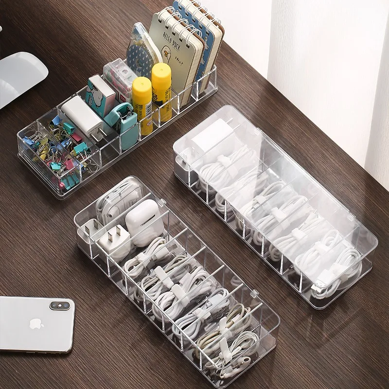 Plastic Desktop Sorting Compartments Cord Holder Data Charging Cable Earphone Organizer Transparent  Data Cable Storage Box