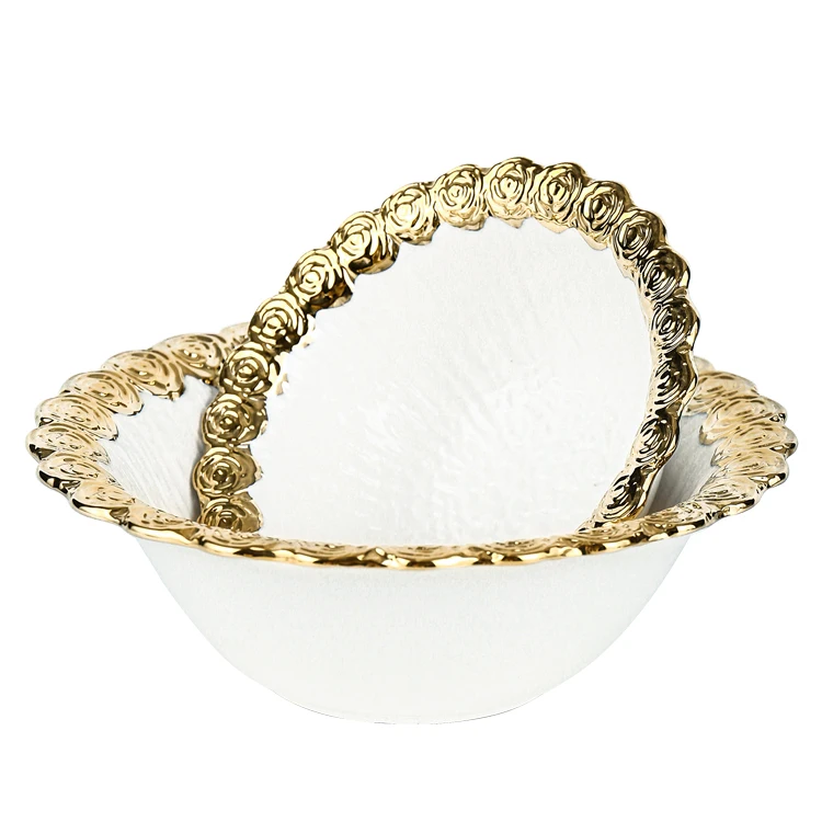 Home Restaurant Tableware Salad Soup Bowl Luxury Gold Rose Ebossed Ceramic Bowls
