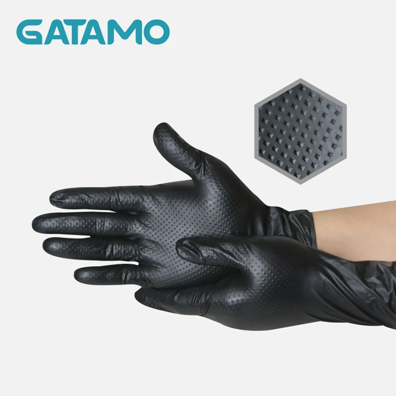 G25  Black Thicken Nitrile Disposable 8Mil  Mechanic Gloves Diamond Grip Safety Glove Protective Oil Resistance Work Hand Gloves