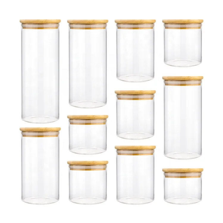 High Borosilicate glass storage jar bottle with bamboo wood lid glass kitchen food container  Storage Bottles & Jars