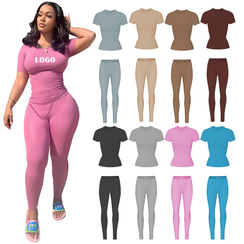 Modest women two piece set lounge wear brand logo short sleeve y2k spandex long legging brand sets dupe tee