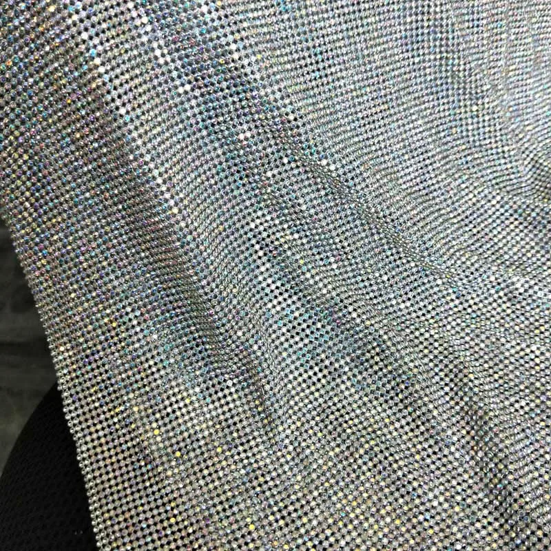 2MM Fashion Sparkling Silver Aluminum Metal Rhinestone Sheet Crystal Mesh Fabric For Garment Bags DIY