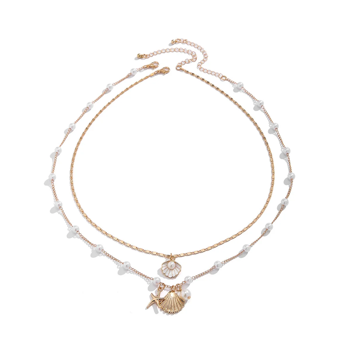 2024 2pcs/set Boho Natural Blue Scallop Starfish Shell Pearl Necklace Multilayer Necklace Bead Chain Necklace for Women Girls