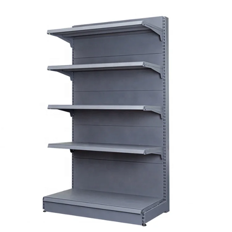Metal steel single side gondola wall against multi-layer supermarket shelves