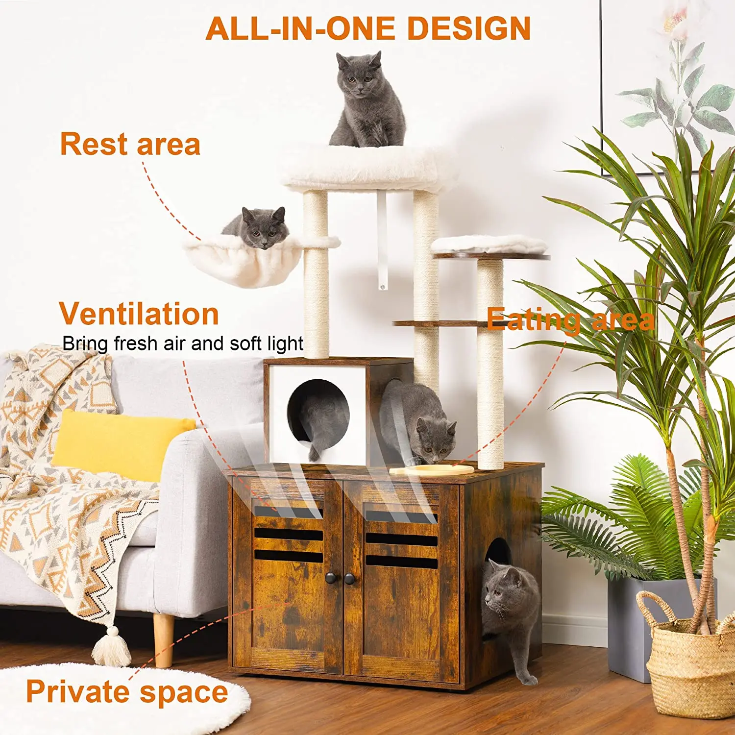 Cat Tree, Wood Litter Box Enclosure with Food Station, All-in-one Indoor Cat Furniture with Large Platform and Condo