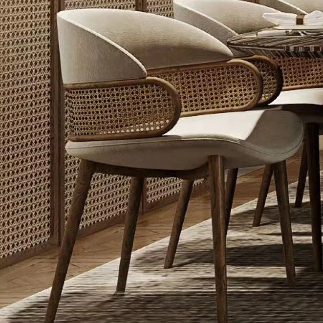 MORE DESIGN Free Sample Home Furniture Rattan Wicker Back with Soft Cushion Wood Wooden Kitchen Dining Restaurant Chair