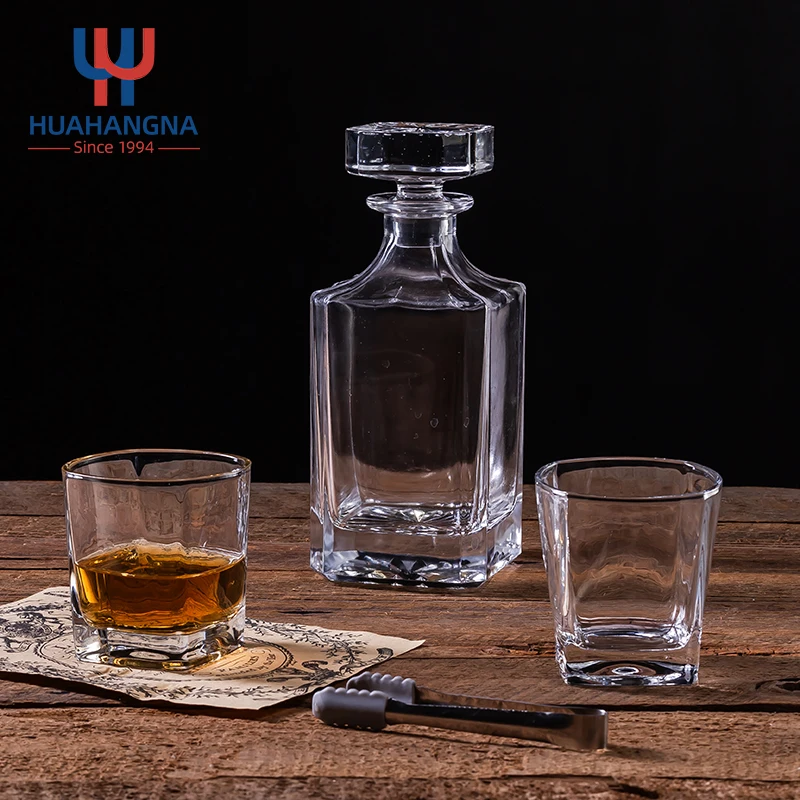 Customized Color Personalized Bourbon Liquor Decanter Set and 2 Square Whiskey Drinking Glasses in Black Wood Gift Box
