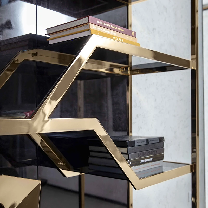 Furnistyle Customized Modern Luxury Mini Display Bar Cabinet Gold Stainless Steel Wooden Home Bar Stylish Wine & Liquor Rack