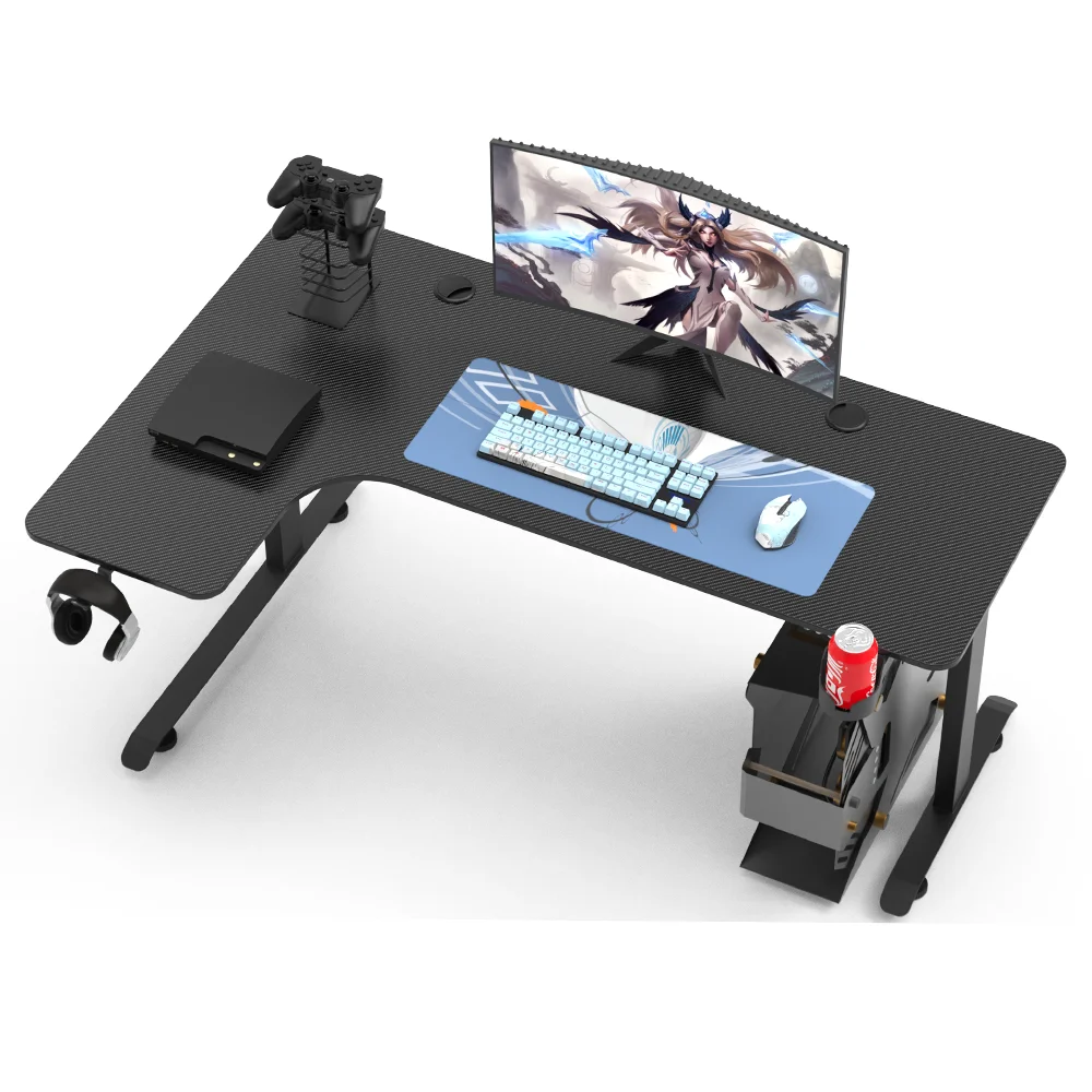 L Shaped White Color Surface Carbon Fiber Board Metal Feet Gaming Desk Left Direction