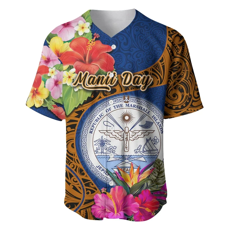 Wholesale Marshall Islands Manit Day Baseball Jersey Mix Hibiscus Flower Maori Pattern Style Male Jersey Men Short Sleeve Shirt