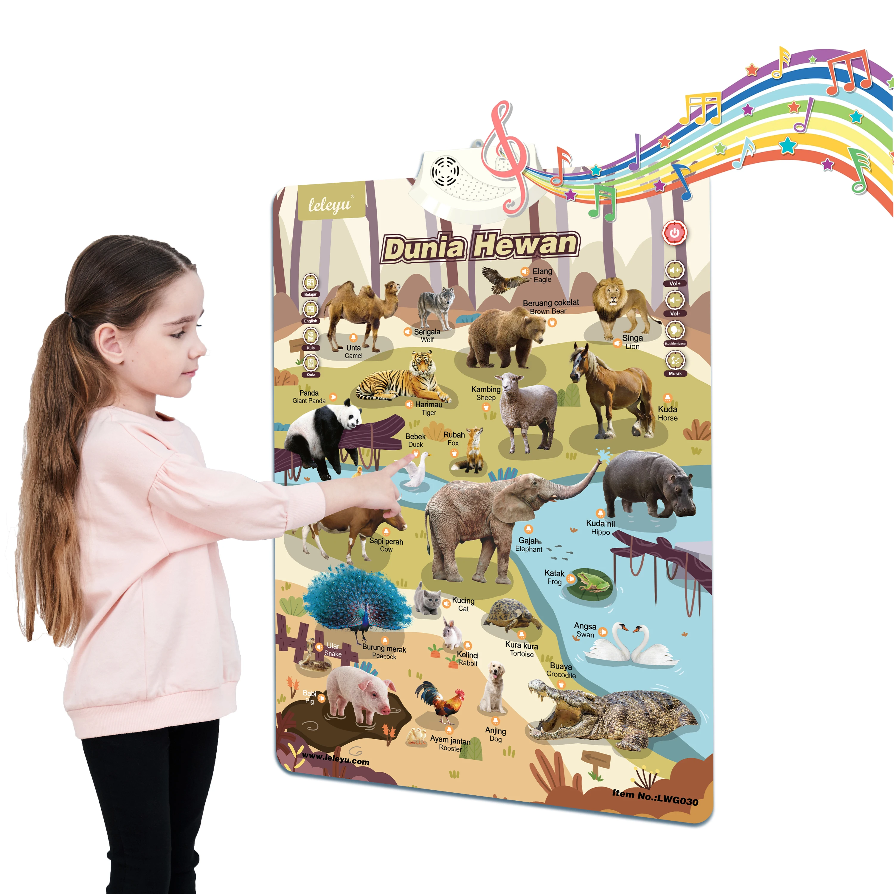 LWG030 Kids Learning Toy Indonesian & English Bilingual Animals Talking Poster Sound Educational Chart for Children