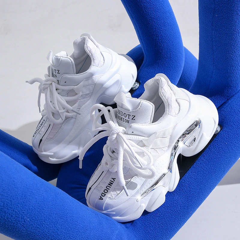 8CM Heels Autumn Chunky Sneakers for Women 2023 Platform Sports Breathable Leather Shoes Woman Lace-up Thick Bottom Dad Shoes