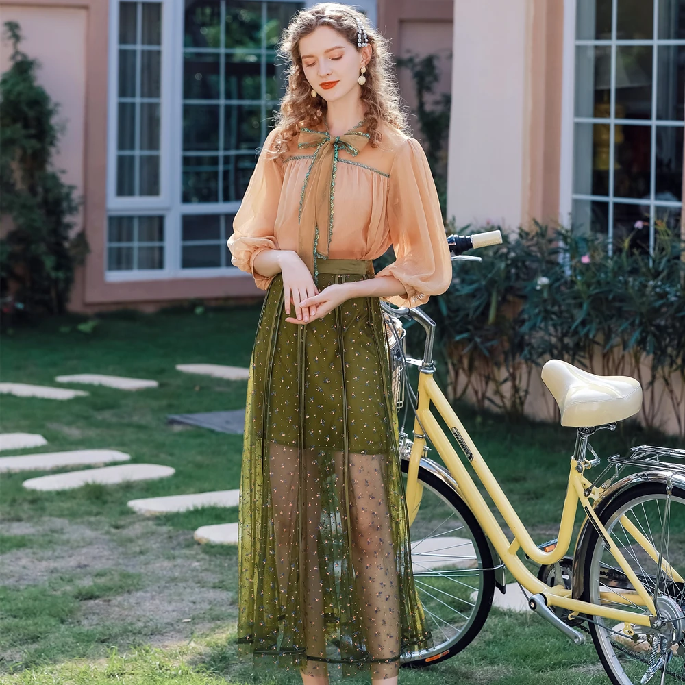 Spring Summer Long Floral Skirt Green Printing Fancy Elastic A-line Skirt Womens Skirts Long Sexy