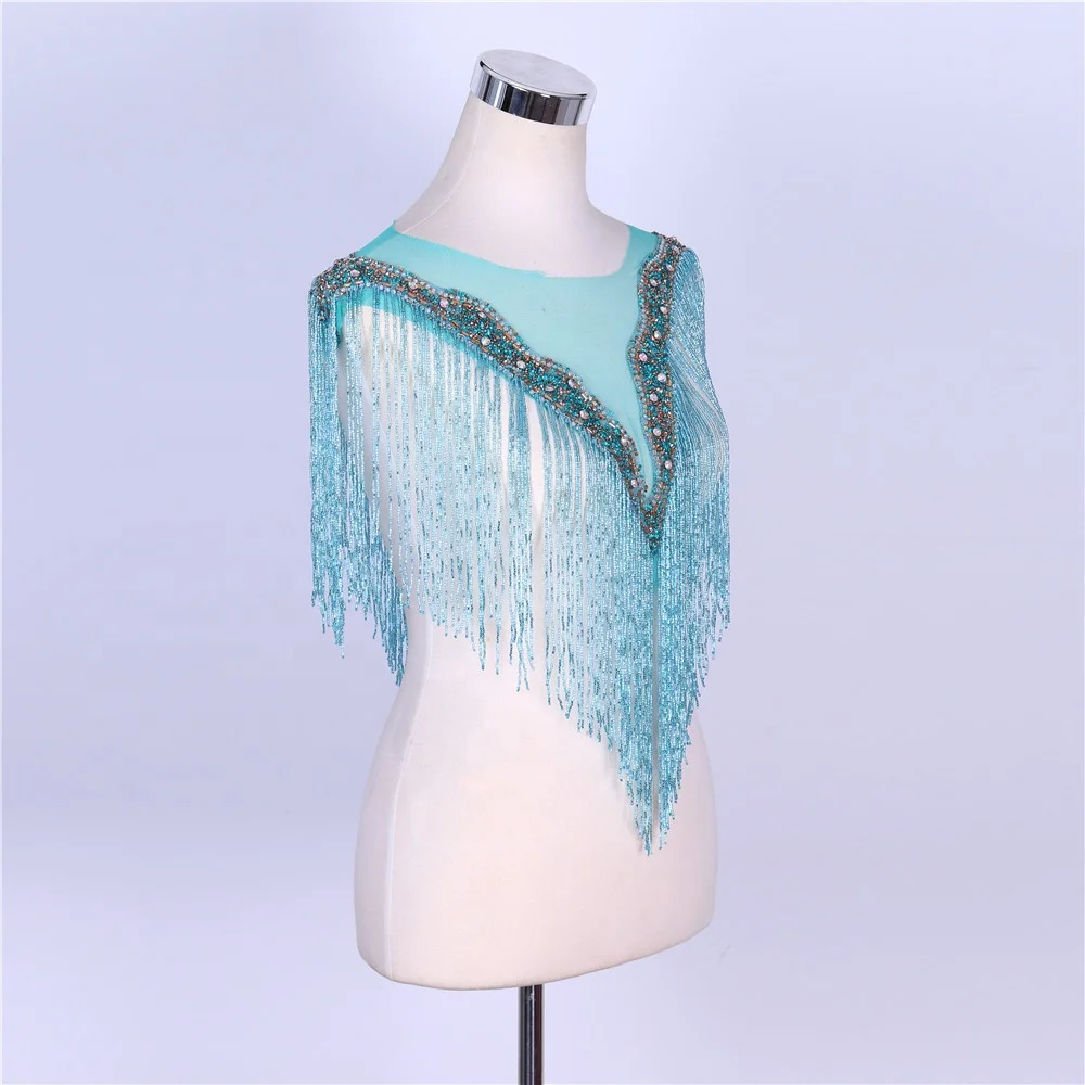 High quality wholesale beaded bridal wedding evening dress tassel fringe and trims rhinestone neckline applique