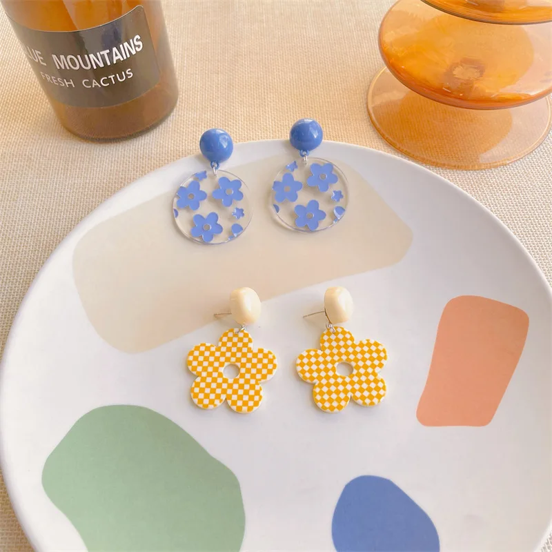 JUHU Blue flower transparent acrylic earrings simple sweet and lovely yellow plaid silver pin earrings all-match jewelry women