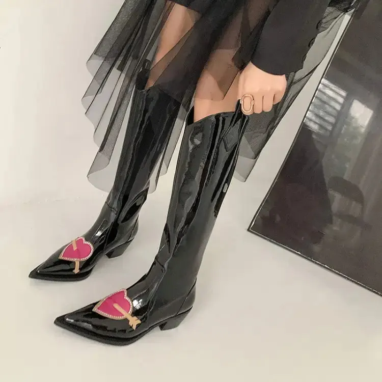 XINZI RAIN Customization Women Knight Boots Black Patent Leather Point Toe 5.5cm Block Heel Women High Knee Boots