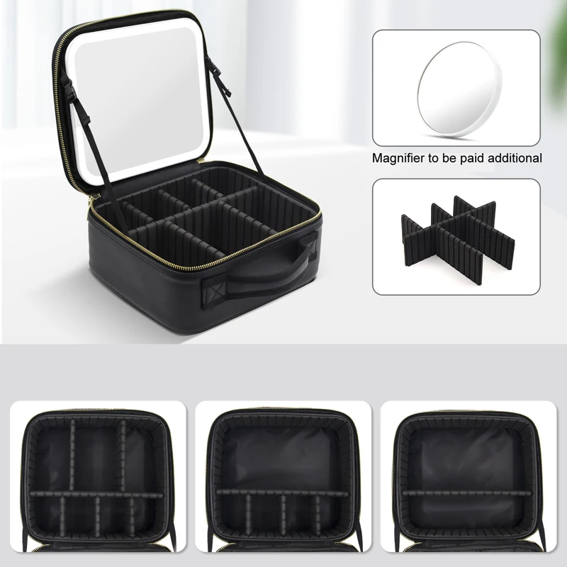 Portable make up bag Adjustable Dividers Light-Up Mirror Cosmetic Bag Travel makeup bag with led mirror for Toiletries Brushes