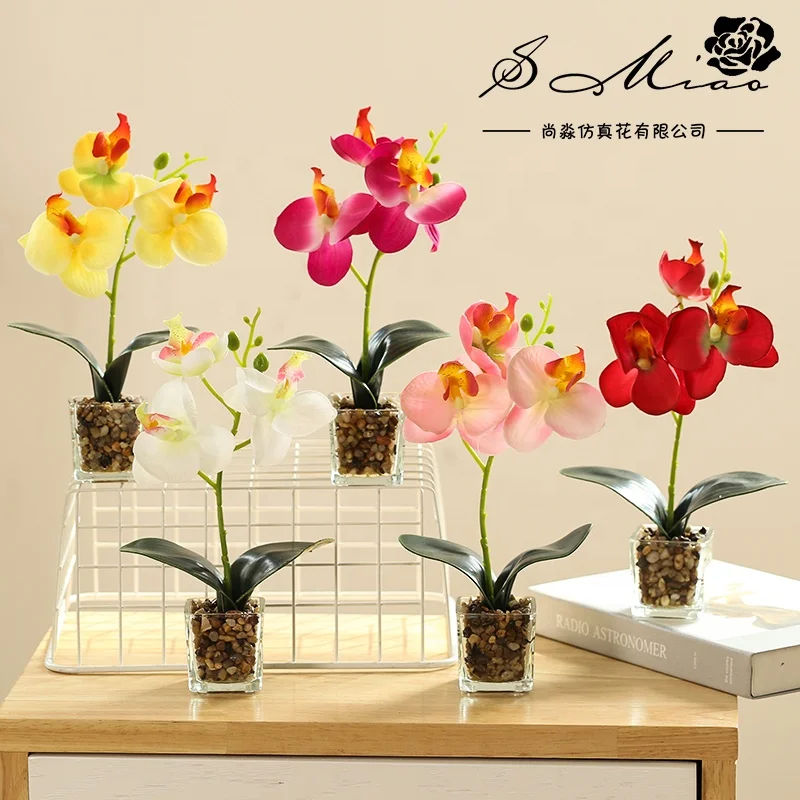 High quality artificial orchid glass pot bonsai exquisite table decoration