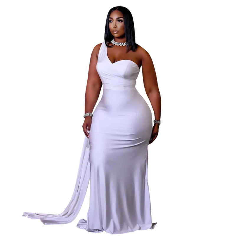 Elegant Women Solid Color One Shoulder Sleeveless Sexy Night Party Bodycon Plus Size Maxi Dress