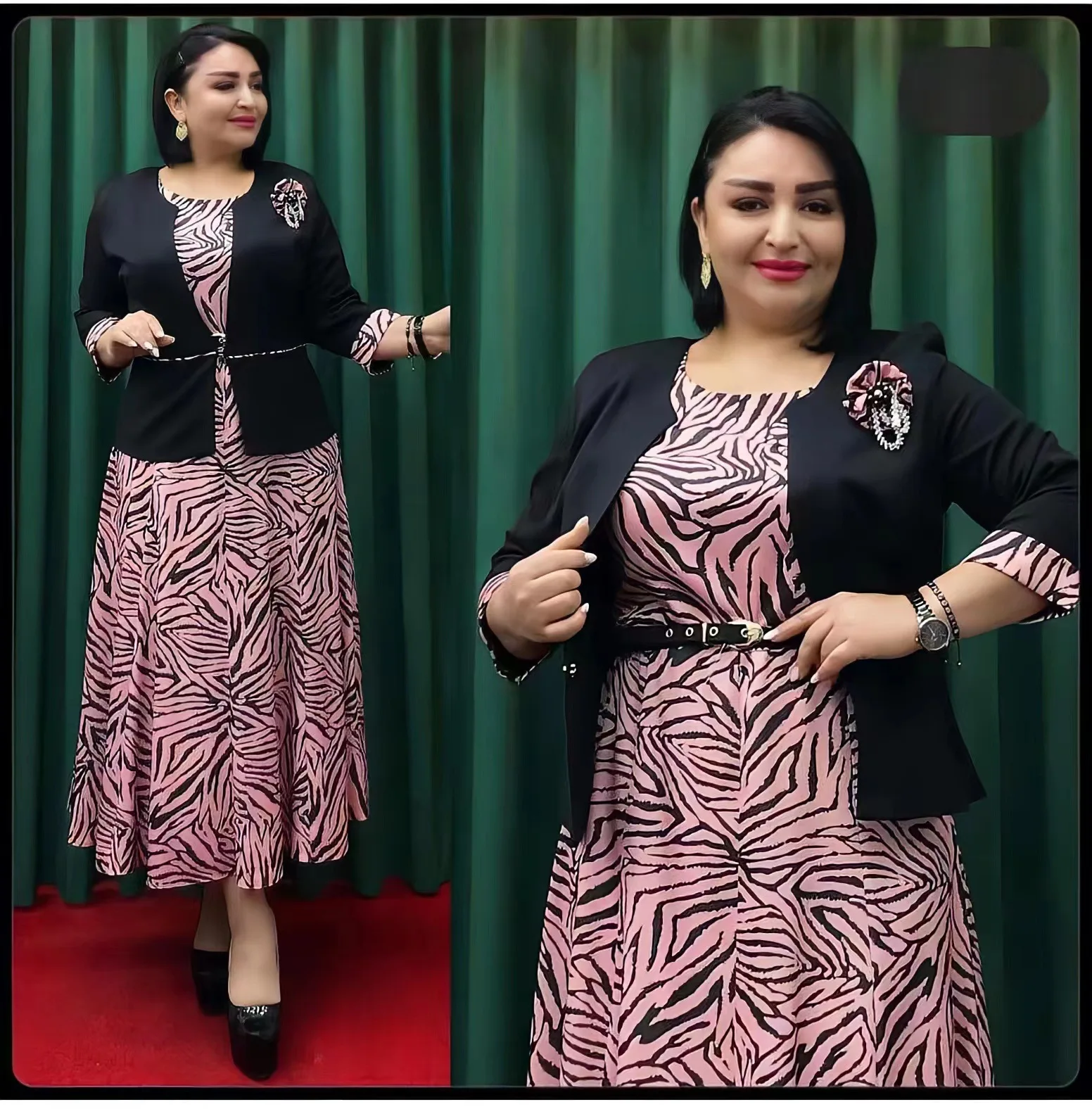 African Turkey geometric stitching suit and dress two-piece set with belt