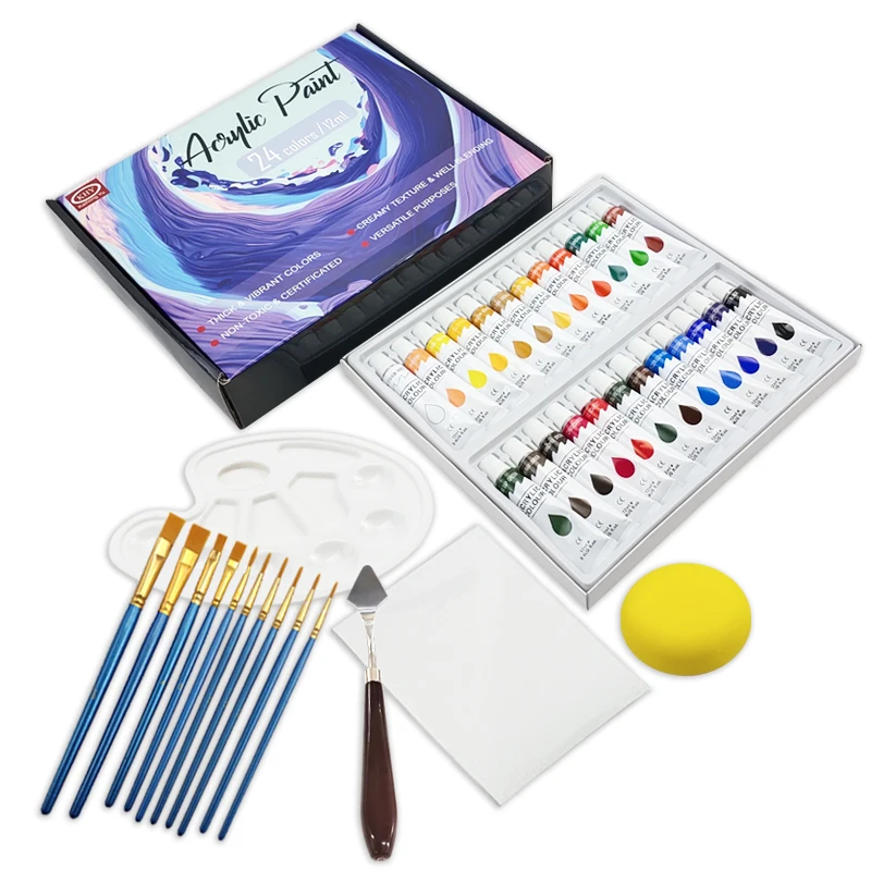 Wholesale Art Supplies 24 Colors Non-toxic Water-based Acrylic Paint Brush Set