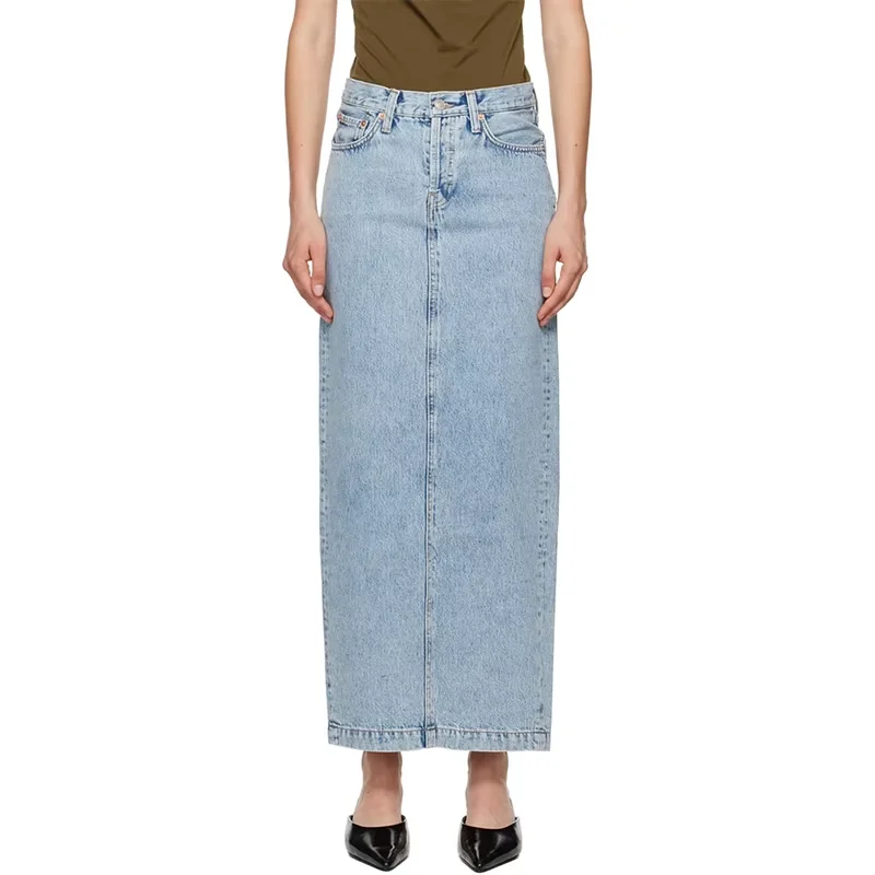 European Chic Blue Faded Button Fly Split Slim Midi Jeans Skirt Retro High Waist Casual Denim Pencil Skirt For Lady