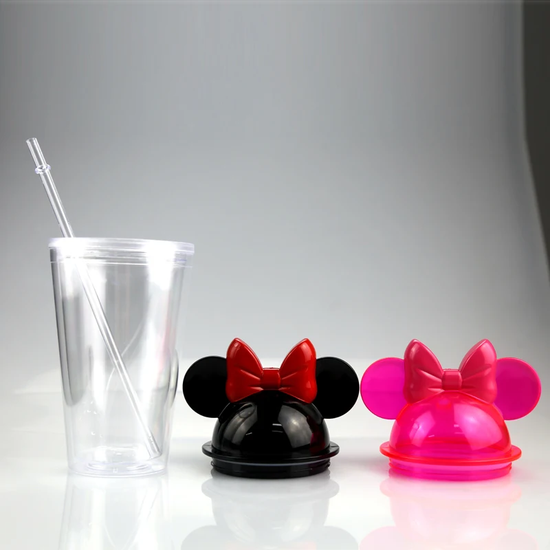 
Homefish OEM Cute Style 450ml Mickey Lid Double Wall Acrylic Plastic Insulated Travel Tumblers Minnie Tumbler With Straw For Kid 