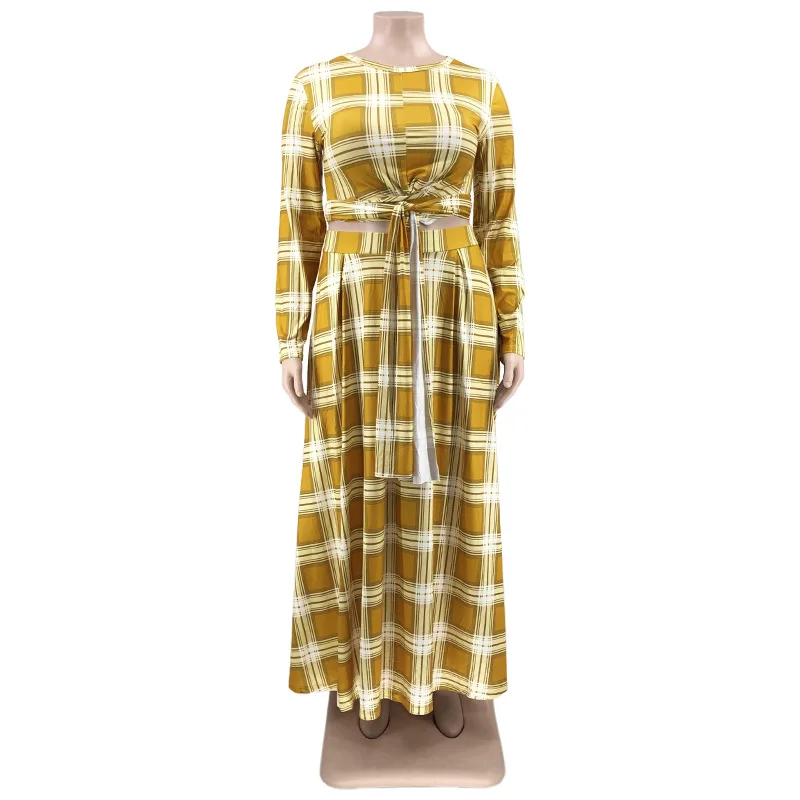 BH698 new arrival 2022 women fall and winter plaid print long sleeve plus size two piece dress set clothing