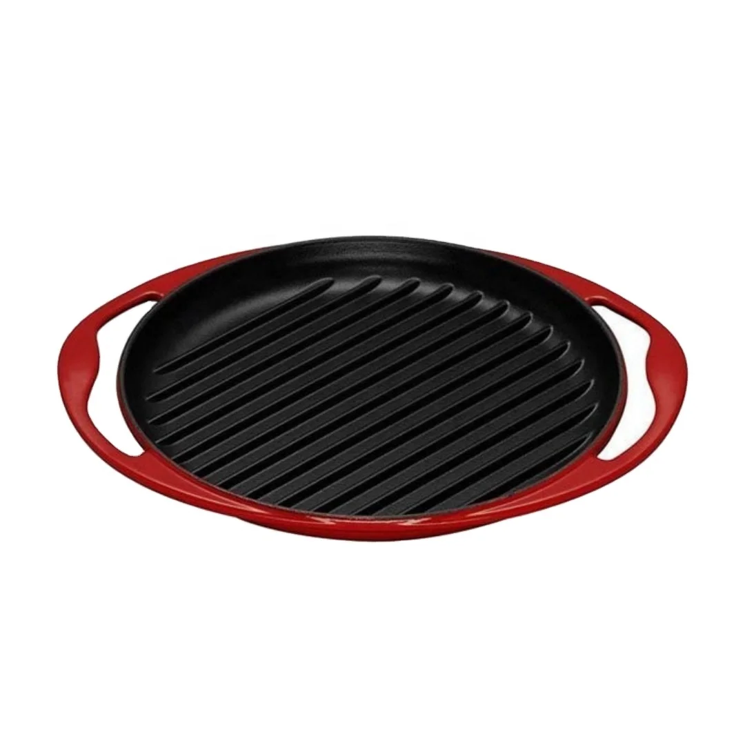 non stick custom enameled cast iron bbq stove top round griddle plate grill pan with two handles