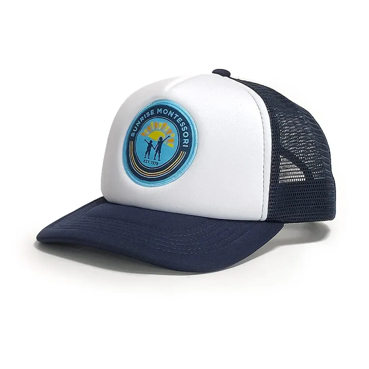 Wholesale Sports Curved Brim 5 Panel Adjustable Fitted Custom 3D Embroidered Leather Patch Logo Foam Mesh Puff Trucker Hat Cap