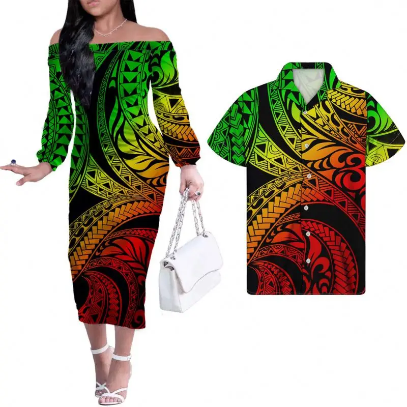 New Couples Clothing Set Samoa Tribal Style With Hibiscus Women Long Sleeve Dress Bodycon mens Island shirt