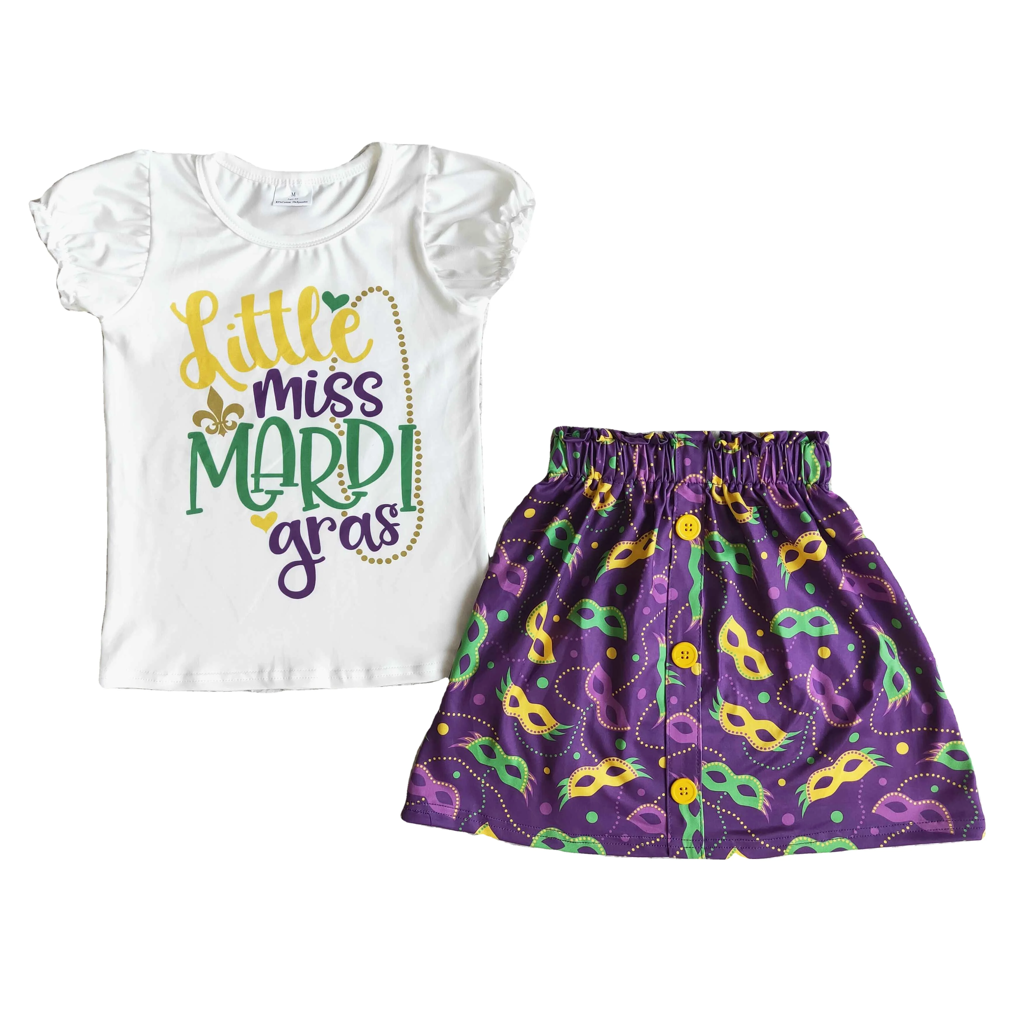 Cute Little Miss Mardi Gras Carnival Boutique Wholesale Clothes Purple Kids Short Sleeve Top Skirts Sets 2pcs Toddler Outfits