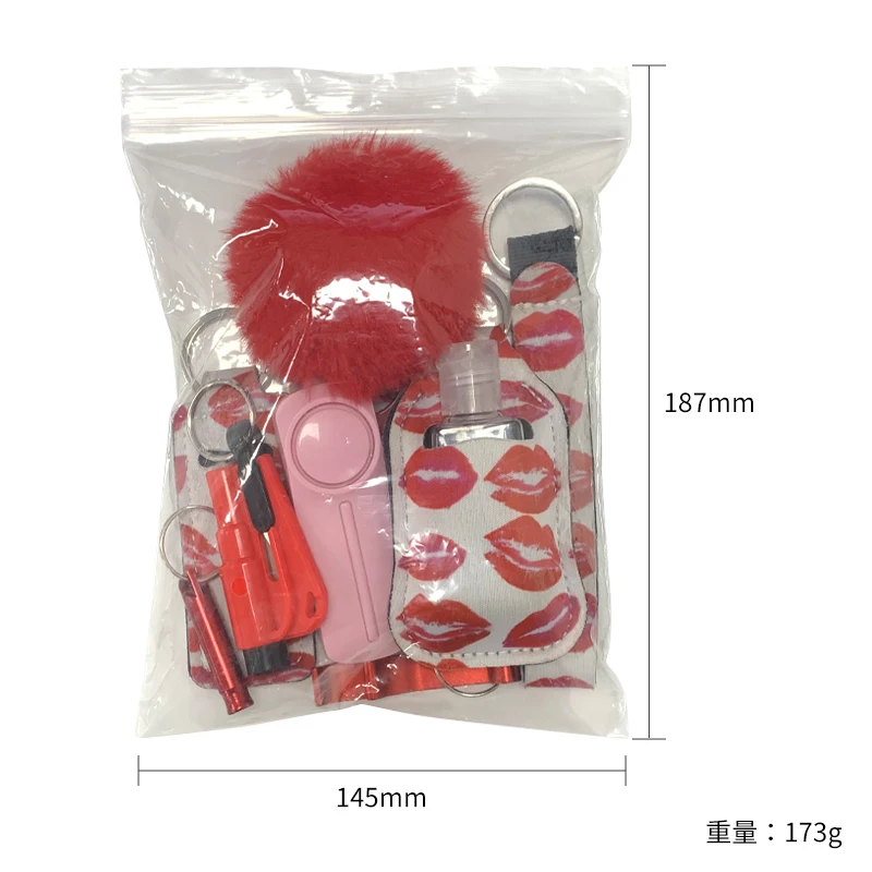 10 Piece/Set Designer Women Girls Safety Keychains Accessories Kit Self Defense Keychain Set Window Breaker Pom Pom Whistle
