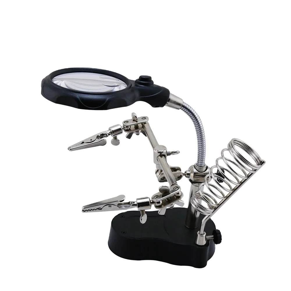 12X 3rd Helping Hand Clip Clamp LED Magnifying Glass Soldering Iron Stand Magnifier Welding Rework Repair Holder Tools