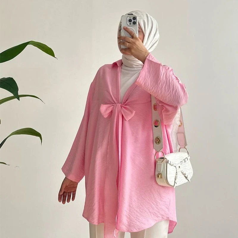 2024 Custom Cotton and linen Premium Micro crepe Hijab Bow tie shirt comfortable long sleeve Islamic Fashion hijab and shirts