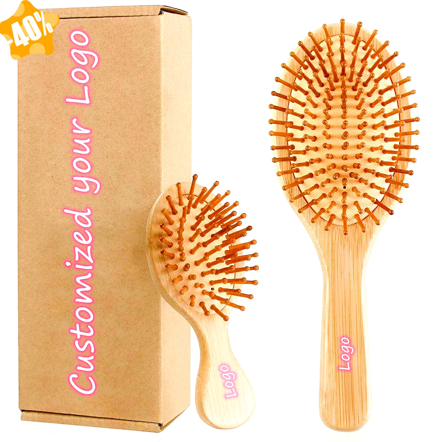 Customized Logo High Quality 2pcs Travel Size Natural Bamboo Wood Paddle Detangling Brush Massage Scalp Brush Set