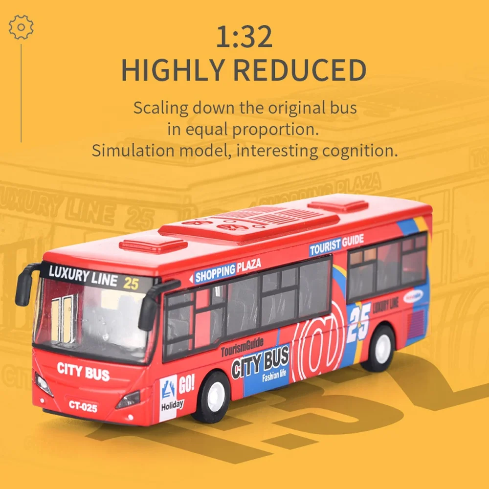 1:32 pull back metal model city bus diecast car toy open door with music and light