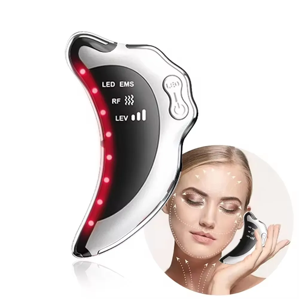 Home Use Ems LED Vibrating Anti-Aging Facial Massager Skin Firming Face and Neck Lift Scraping Gua Sha Device with USB Plug