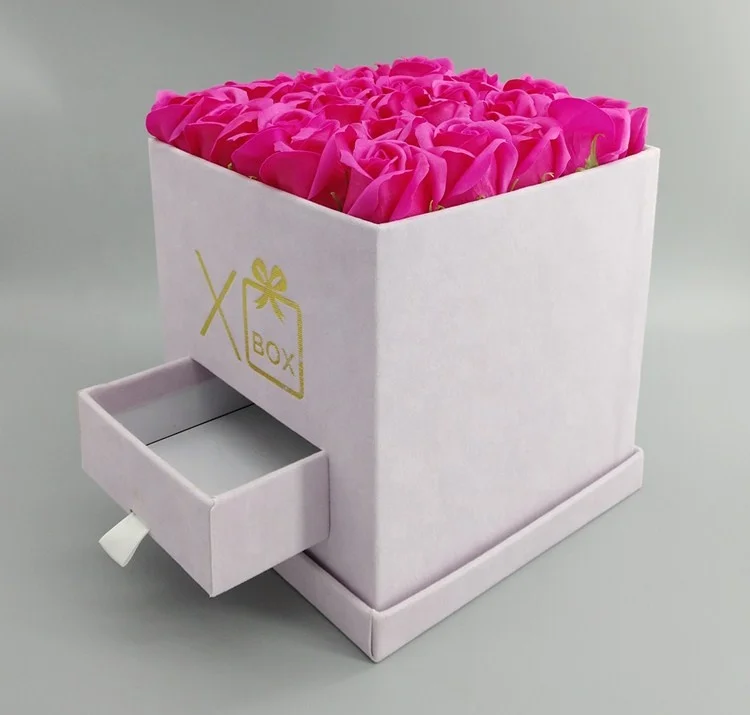 Fancy gift flower box, chocolate box with drawer, square velvet rose packaging boxes