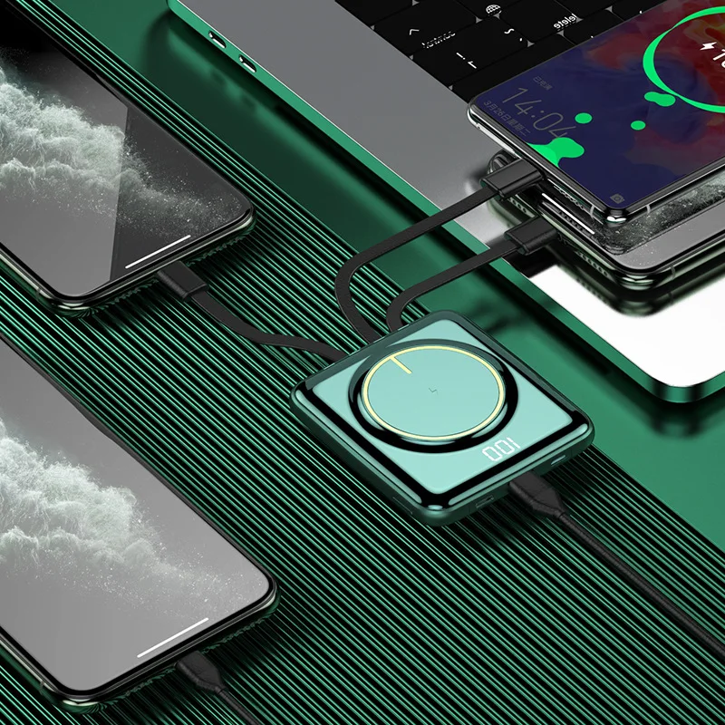 Hot Sale Large Capacity 10000mAh Fast Charging Mini Portable Wireless Power Bank Mobile Charger with Charging Cables